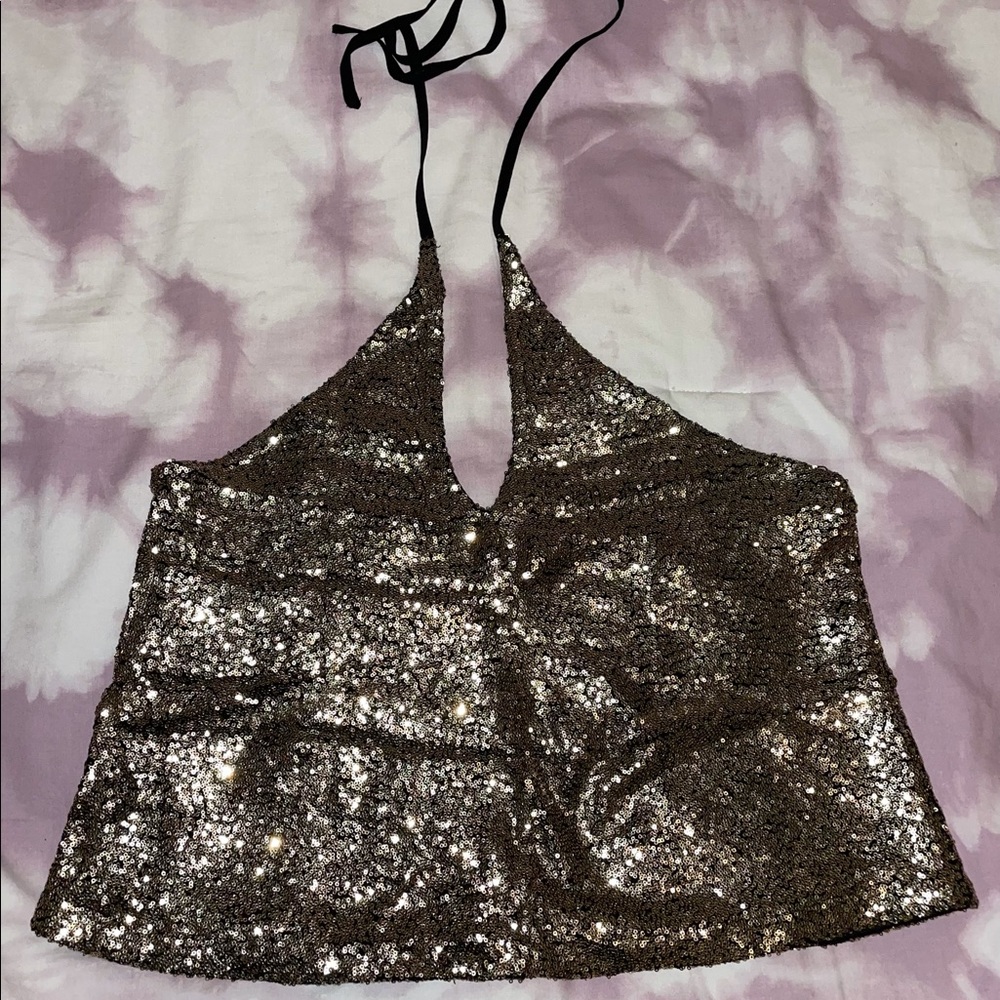 About Us Revolve Gold Sequin Halter Top